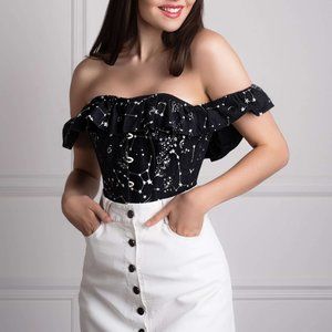 Corset Story Cotton Astronomy Print Sleeved Corset Top